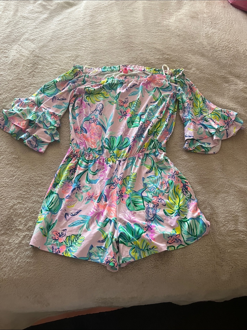 Lilly Pulitzer Pink Tropical Off-Shoulder romper. Size large. New w/out tags.
